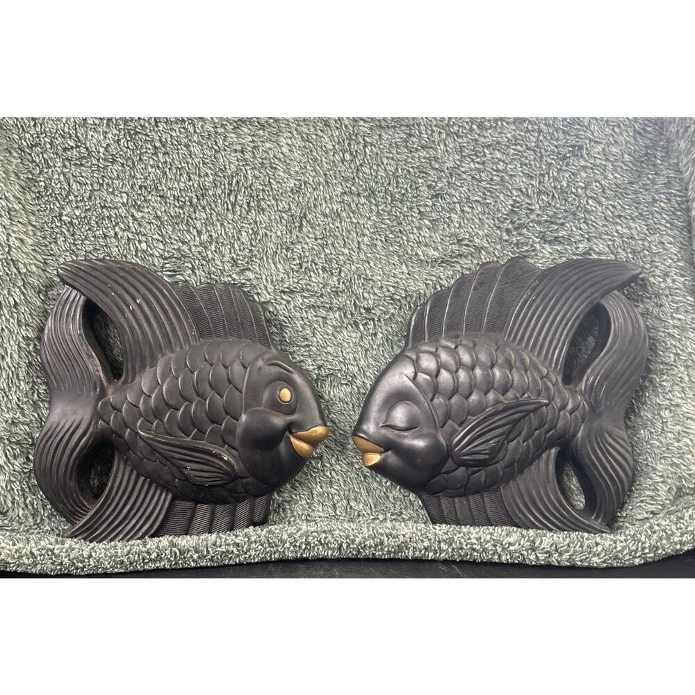 Pair of Miller Studio's Chalkware Kissing Fish RARE All Black Gold Accent